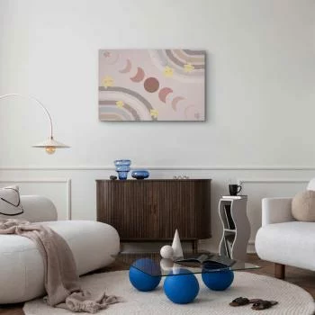 Obraz - Radosne niebo - Żółte wesołe gwiazdki z tęczą na tle faz księżyca na niebie w kolorystyce jasnego beżu - obrazek 5