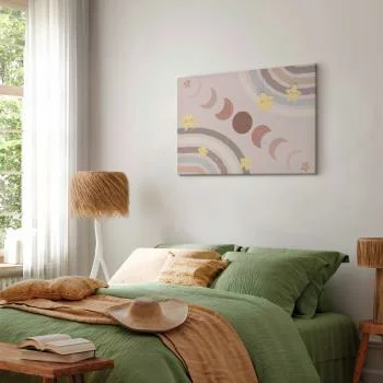 Obraz - Radosne niebo - Żółte wesołe gwiazdki z tęczą na tle faz księżyca na niebie w kolorystyce jasnego beżu - obrazek 6