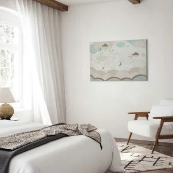 Obraz - Zachmurzone niebo nocą - Księżyce w brązowej i beżowej kolorystyce pośród chmur oraz licznych gwiazdek na jasnym tle - obrazek 6