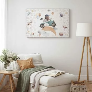 Obraz - Galaktyczne zawody - Miś biorący udział w wyścigach samochodowych pośród planet chmur i gwiazd w pastelowej kolorystyce - obrazek 5