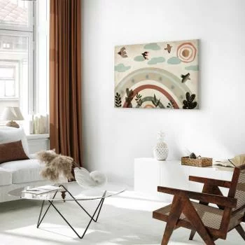 Obraz - Tęcza i słońce u góry - Ptaki w stonowanych barwach latające pośród chmur nad tęczą i różnorodnymi roślinami na jasnym tle - obrazek 5