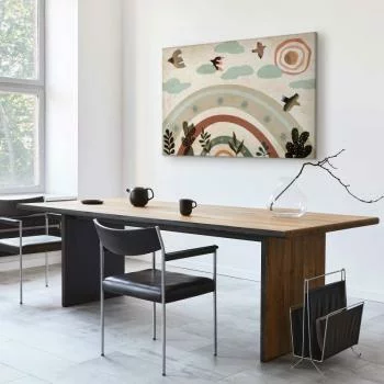 Obraz - Tęcza i słońce u góry - Ptaki w stonowanych barwach latające pośród chmur nad tęczą i różnorodnymi roślinami na jasnym tle - obrazek 7