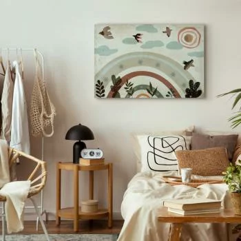 Obraz - Tęcza i słońce u góry - Ptaki w stonowanych barwach latające pośród chmur nad tęczą i różnorodnymi roślinami na jasnym tle - obrazek 6