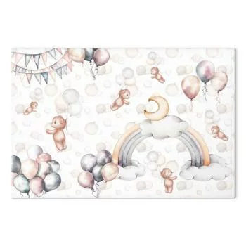 Obraz - Zabawkowe misie z balonikami - Latające pluszowe misie pośród balonów chmur i tęczy w subtelnej pastelowej kolorystyce - obrazek 2