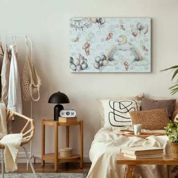 Obraz - Zabawkowe misie z balonikami - Latające pluszowe misie pośród balonów chmur i tęczy w subtelnej pastelowej kolorystyce - obrazek 6