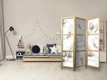 Parawan japoński - Pluszowe misie z balonikami - Latające jasno-brązowe misie pośród balonów - chmur i tęczy w stonowanej - pastelowej kolorystyce/Misie w przestworzach - obrazek 5