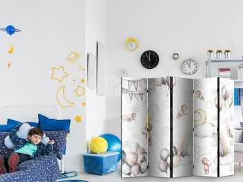 Parawan - Pluszowe misie z balonikami - Latające jasno-brązowe misie pośród balonów - chmur i tęczy w stonowanej - pastelowej kolorystyce/Misie w przestworzach - obrazek 5