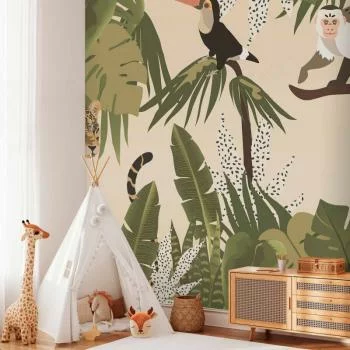Fototapeta - Liście i kształty - dżungla w wyblakłej kolorystyce ze zwierzątkami - obrazek 5