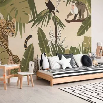 Fototapeta - Liście i kształty - dżungla w wyblakłej kolorystyce ze zwierzątkami - obrazek 5