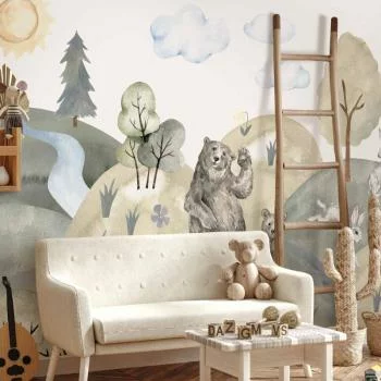 Fototapeta - Zielone pagórki - dolina ze zwierzątkami malowana akwarelami - obrazek 6