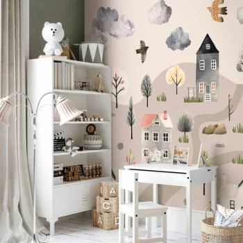 Fototapeta - Skandynawska dolina - wioska w pastelowych kolorach malowana akwarelą - obrazek 5