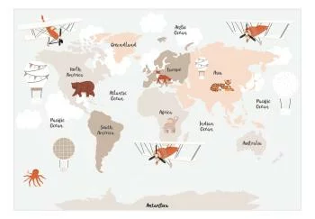 Fototapeta - Mapa w odcieniach beżu - kontynenty ze zwierzętami - obrazek 2