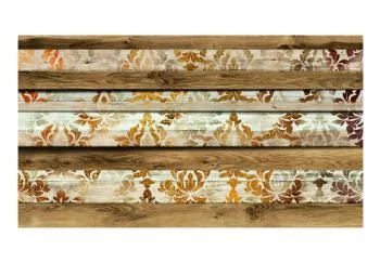 Fototapeta wodoodporna - Drewniana elegancja - tło z motywem drewna i biało-złotymi ornamentami - obrazek 2