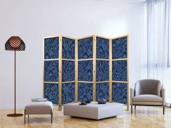 Parawan japoński - Gęsta roślinność - botaniczne wzory w ilustracyjnym stylu; niebieskie - obrazek 5