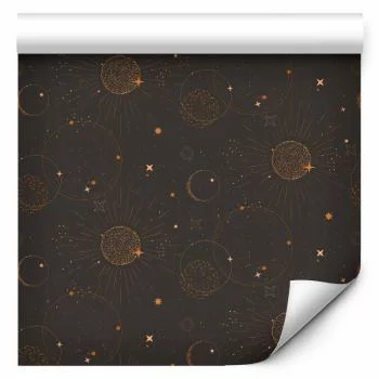 Tapeta - Nocne Niebo - artystyczna kompozycja słońc i planet na czarnym tle / Kosmiczne Konstelacje - elegancki wzór gwiazd i planet na ciemnym tle - obrazek 2
