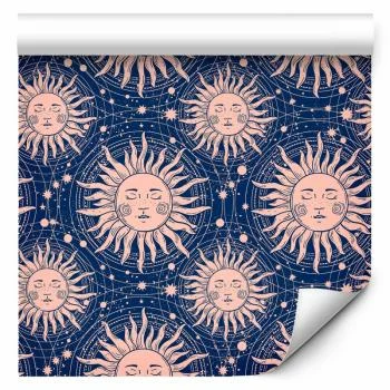 Tapeta - Słoneczne Wzory - powtarzający się motyw słońca na granatowym tle / Kosmiczne Słońca - elegancki wzór słońca i gwiazd w stylu vintage - obrazek 2