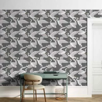 Tapeta - Odlatujące ptaki - delikatny wzór w biało-szare czaple na szarym tle - obrazek 6