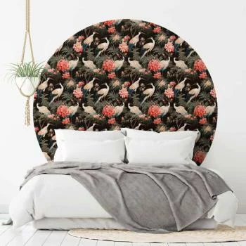 Fototapeta okrągła - Ornament z ptakami - sylwetki żurawi i kwiaty piwonii na ciemnym tle - obrazek 5