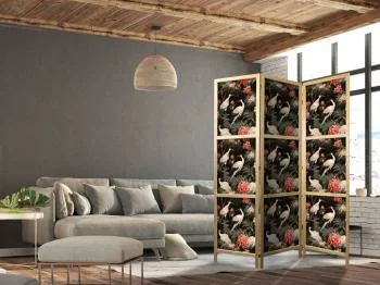 Parawan japoński - Ornament z ptakami - sylwetki żurawi i kwiaty piwonii na ciemnym tle - obrazek 2