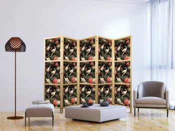 Parawan japoński - Ornament z ptakami - sylwetki żurawi i kwiaty piwonii na ciemnym tle - obrazek 2