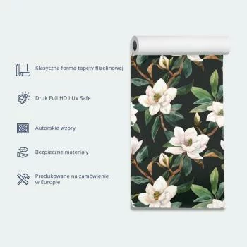 Tapeta - Ornament z ptakami - sylwetki żurawi i kwiaty piwonii na ciemnym tle - obrazek 3