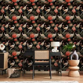 Tapeta - Ornament z ptakami - sylwetki żurawi i kwiaty piwonii na ciemnym tle - obrazek 6