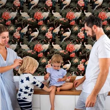 Tapeta - Ornament z ptakami - sylwetki żurawi i kwiaty piwonii na ciemnym tle - obrazek 6