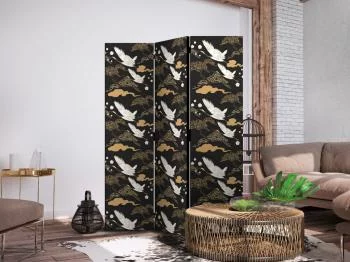 Parawan - Orientalne impresje - dekoracyjny wzór z motywem lecących żurawi na ciemnym tle - obrazek 2