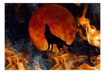 Fototapeta wodoodporna - Dzika natura - wilk na tle czerwonego księżyca w płomieniach ognia - obrazek 2