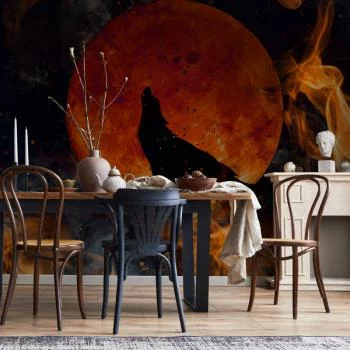 Fototapeta - Dzika natura - wilk na tle czerwonego księżyca w płomieniach ognia - obrazek 6