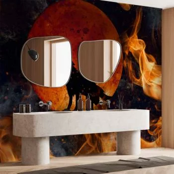 Fototapeta - Dzika natura - wilk na tle czerwonego księżyca w płomieniach ognia - obrazek 6