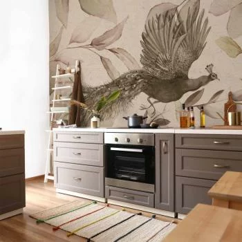 Fototapeta - Ptak wśród liści - motyw roślinny z lecącym pawiem w chłodnych tonach - obrazek 5