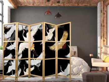Parawan japoński - Żurawie nocą - złocisto-białe ptaki odlatujące na czarnym tle - obrazek 2