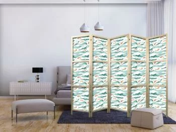 Parawan japoński - Ryby wyskakujące ponad fale - Orientalne ryby i lilie wodne wśród wysokich fal w barwach morskiej zieleni - obrazek 2