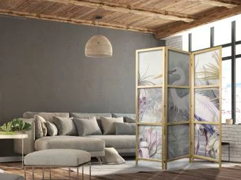 Parawan japoński - Czapla brodząca w stawie - ilustracja w jasnej kolorystyce - obrazek 2