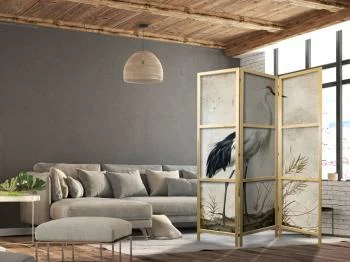 Parawan japoński - Ptaki ze starej ryciny - ilustracja w stylu vintage, przedstawiająca czaplę i żurawia - obrazek 2