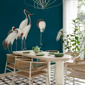 Fototapeta - Wieczór nad stawem - grupa żurawi narysowana suchą pastelą, na ciemno-turkusowym tle - obrazek 5