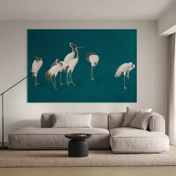 Obraz XXL - Wieczór nad stawem - grupa żurawi narysowana suchą pastelą, na ciemno-turkusowym tle - obrazek 5