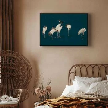 Obraz - Wieczór nad stawem - grupa żurawi narysowana suchą pastelą, na ciemno-turkusowym tle - obrazek 6