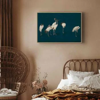 Obraz - Wieczór nad stawem - grupa żurawi narysowana suchą pastelą, na ciemno-turkusowym tle - obrazek 6