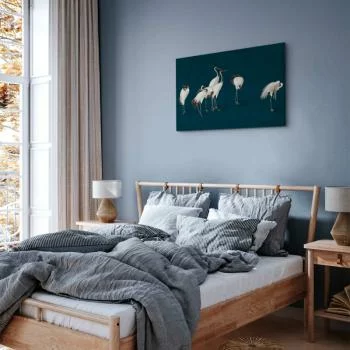 Obraz - Wieczór nad stawem - grupa żurawi narysowana suchą pastelą, na ciemno-turkusowym tle - obrazek 5
