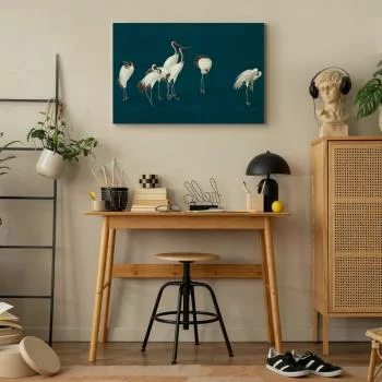 Obraz - Wieczór nad stawem - grupa żurawi narysowana suchą pastelą, na ciemno-turkusowym tle - obrazek 6