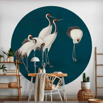 Fototapeta okrągła - Wieczór nad stawem - grupa żurawi narysowana suchą pastelą, na ciemno-turkusowym tle - obrazek 6