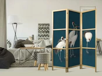 Parawan japoński - Wieczór nad stawem - grupa żurawi narysowana suchą pastelą, na ciemno-turkusowym tle