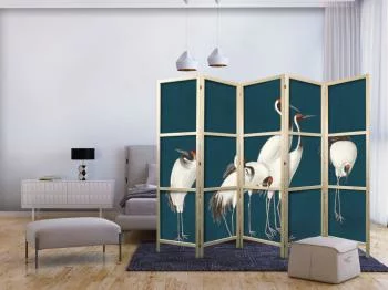 Parawan japoński - Wieczór nad stawem - grupa żurawi narysowana suchą pastelą, na ciemno-turkusowym tle