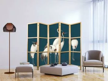 Parawan japoński - Wieczór nad stawem - grupa żurawi narysowana suchą pastelą, na ciemno-turkusowym tle - obrazek 2