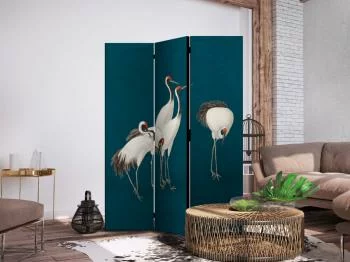 Parawan - Wieczór nad stawem - grupa żurawi narysowana suchą pastelą, na ciemno-turkusowym tle - obrazek 5