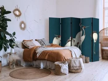 Parawan - Wieczór nad stawem - grupa żurawi narysowana suchą pastelą, na ciemno-turkusowym tle - obrazek 2