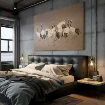 Obraz XXL - Taniec żurawi - jasne sylwetki ptaków na ciepło-szarym tle z fakturą - obrazek 7