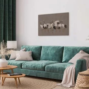 Obraz - Taniec żurawi - jasne sylwetki ptaków na ciepło-szarym tle z fakturą - obrazek 2